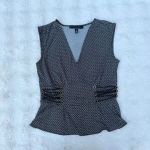 White House Black Market Black White Dot Peplum V-Neck Top Gold Button Detail S